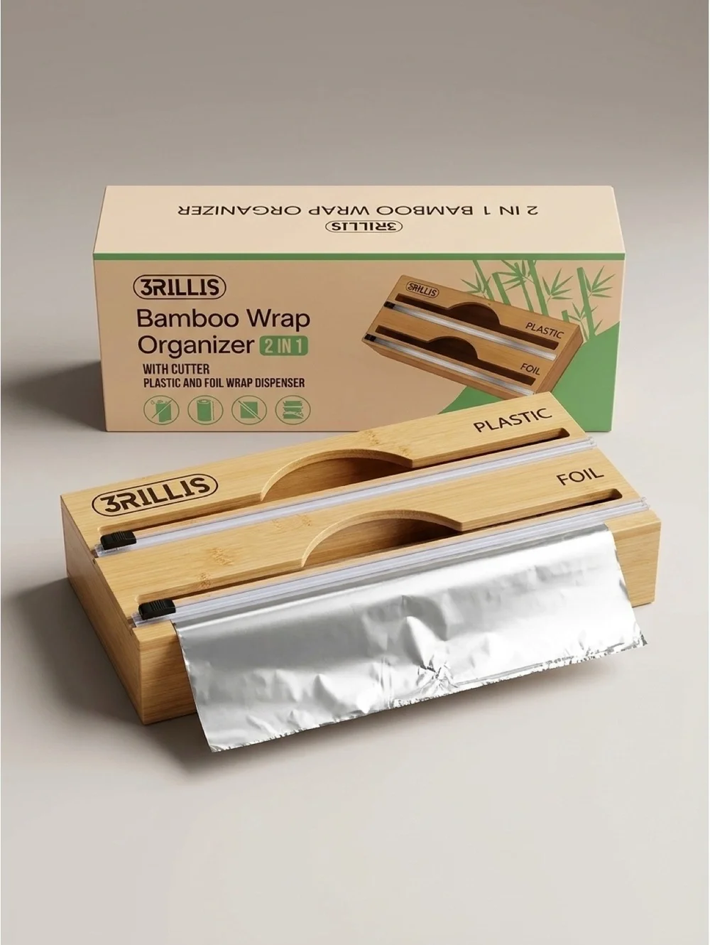 3Rillis Bamboo Wrap Organizer 2-in-1 Plastic and Foil Wrap Dispenser